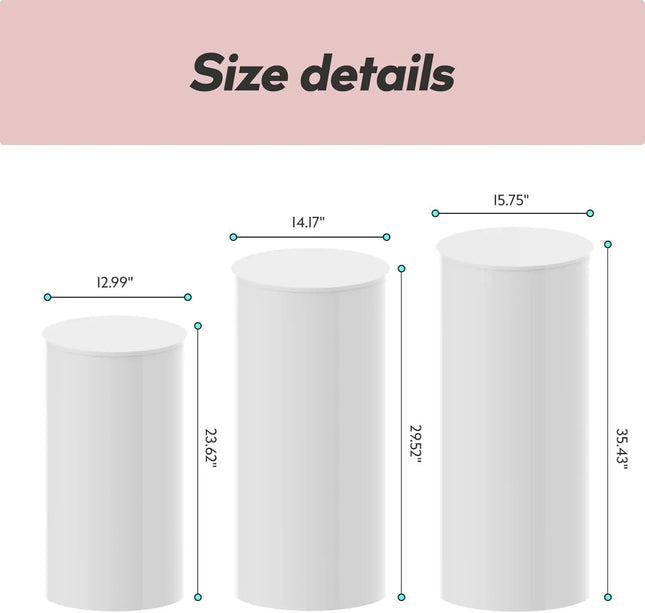 3Pcs White Wedding Round Cylinder Stand,Acrylic & PVC, Modern Decor for Weddings, Events, Birthday Parties,Holds Cakes & Flowers