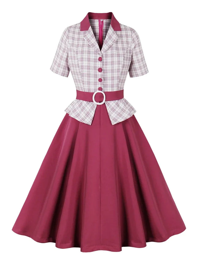 1950s Vintage Plaid Patchwork Button Up Fake Two Pieces Party Dress Women Notched Collar Short Sleeve Belted Formal Peplum Dress