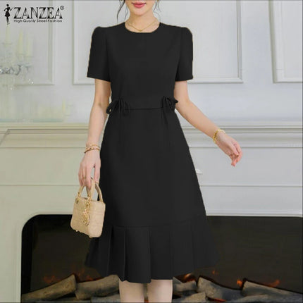 ZANZEA Women Party Dresses Summer Short Sleeve Korean Knee-Length Sundress 2025 Fashion Pleated Solid Color Office Elegant Robe