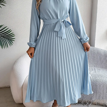 2025 Elegant Long Sleeve Fashion Dresses New Spring Women Belts Pleated Casual Solid Long Dress Casual A-Line Party Maxi Dresses