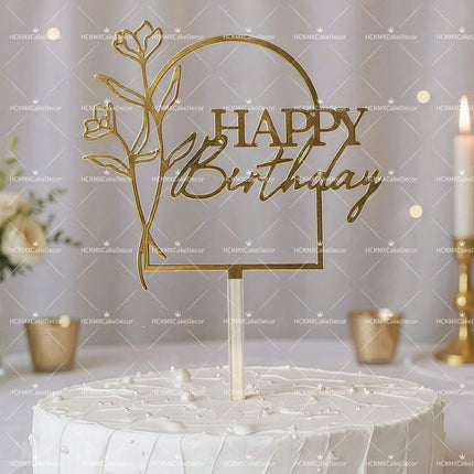 3PCS Gold Acrylic Happy Birthday Cake Topper with Line Art Flower Elegant Floral Cake Decoration for Birthday Party