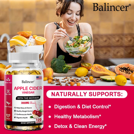 Balincer Apple Cider Vinegar Capsules 3000mg, Detox & Cleanse, Fat Burning, Healthy Weight Management Supplement Non-GMO