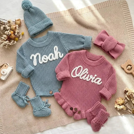 Personalized Name Baby Romper Autumn Winter Warm Knitted Sweater Jumpsuit Infant Outfit Hat Socks Set Newborn Clothes Gift