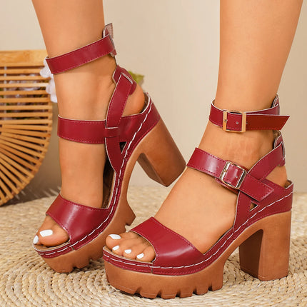 Women Sandals 2026 New Designer High Heel Shoes Women Casual Thick Heel Sandals Round Head Roman Style Leather Roman Women Shoes