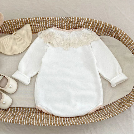 2025 New Autumn 0-24M Children Clothes Newborn Baby Girls Knitted Bodysuits Long Sleeves Lace Splice Korean Style Climbing Suit