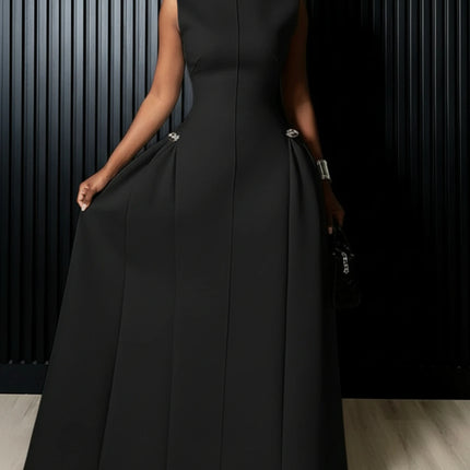 Women High Neck Sleeveless Fitted Floor Length Maxi Dress With Side Flared Detail For Formal Gala Wedding And Evening Party Occasion