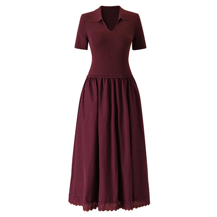 ZJYT Fashion Women's Knitted Patchwork Summer Dresses 2026 New Short Sleeve V Neck Casual Mid Calf Dress Female Vestidos Clothes