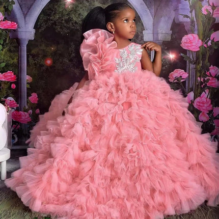 Customized Rose Pink Flower Girl Dresses Tulle Puffy White Embroidery Sleeveless For Wedding Birthday Prom Holy Communion Gowns