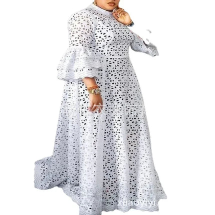 White Dress Women Flare Sleeve O Neck Party Long Maxi Dresses Lace High Waist Vestidos Wedding Night Loose Elegant Spring 2025