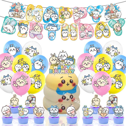 Chiikawa kawaii Happy Birthday Party Decorations Cute plate Banner Cake Topper Flag Balloons Disposable tableware Decorations