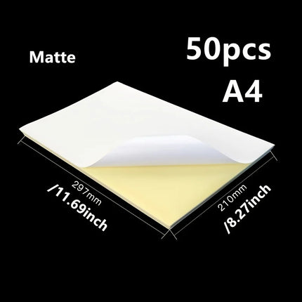 50 Sheets White A4 Self Adhesive Sticker Paper, Printable Label Paper Matte & Glossy Optional for Inkjet Laser Printer