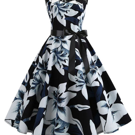 Floral Print Vintage Women Summer A Line Lace Party Dresses Robe Tunic Casual Office Ladies Dress