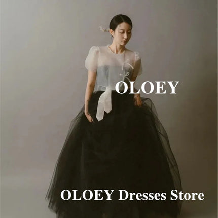 OLOEY Vintage 2 pcs Black And White Wedding Dresses Korea Photo shoot Hanbok Soft Tulle Bride Gowns Customized Formal Occasion