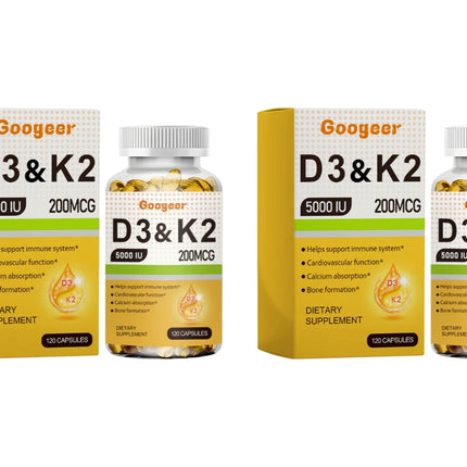 Googeer Vitamin D3 & K2 Capsules with Immune System Support and Bone Formation Support for Calcium Absorption, 120 Capsules