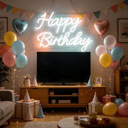 Happy Birthday White LED Neon Sign USB Wall Light Bakery Birthday Party Decor