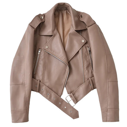 Ailegogo Spring Autumn Women Faux Pu Leather Short Jacket with Belt Motorcycle Biker Female Zipper Lapel Loose Coat Outwear