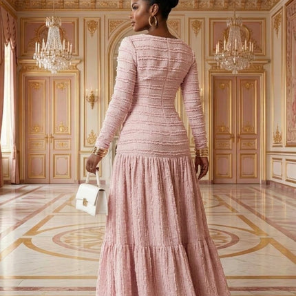 Women's Square Neck Button Front Long Sleeve Tiered Maxi Dress For Wedding Guest Dinner Evening Formal Fashion Occasions