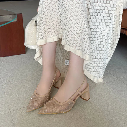 2026 New Fashion String Bead Women Square Heels Sandals Pointed Toe Pumps Slip On Dress Ladies High Heels Sandals Mules Shoes