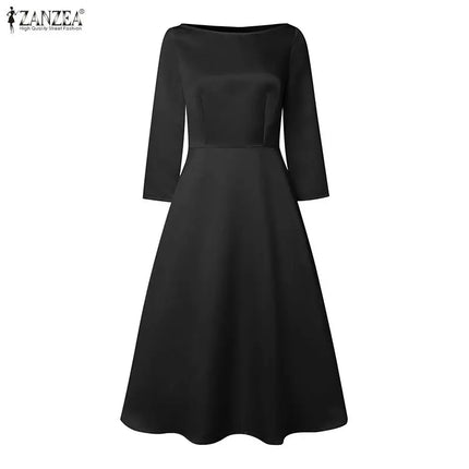 ZANZEA Elegant Satin Black Party Midi Dresses Women's Boatneck 3/4 Sleeve Fit and Flare A-Line Dress Wedding Guest Woman Clothes