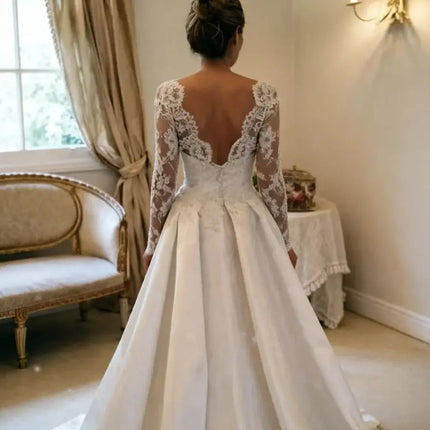Elegant Backless Wedding Dress 2020 Vintage robe de mariée Lace Satin Long Sleeve Bride Dresses  2022 Custom Made Robe De Mariee