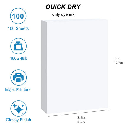 100 Sheets Photo Paper, Glossy Photo Papers, 3.5 X 5 Inch Single Side Inkjet Printer Photo Paper for Dye Ink, 180 GSM