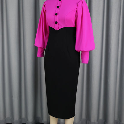 Women Elegant Church Dresses Mock Neck Long Lantern Sleeves Buttom Up ColorBlock Package Hip Party Office Ladies Business Wear