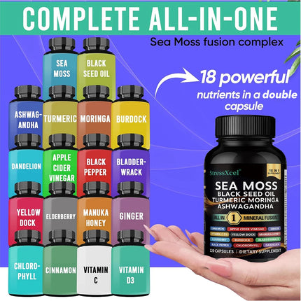Sea Moss Capsules - Black Seed, Energy, Antioxidant, Endurance, Immune, Thyroid & Digestive Support, Detoxifying, Antioxidant