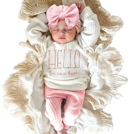 Newborn Baby 3Pcs Outfit Set ‘Hello World" Embroidery Waffle Knit Long Sleeve Top Pants Hat Infant Coming Home Clothes 0-3M