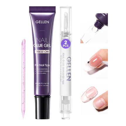 GELLEN Semi Solid Nail Glue and Remover Set Press on False Nail Acrylic Quick Dry No Lamp Needed Safe Gentle Non Acetone Formula