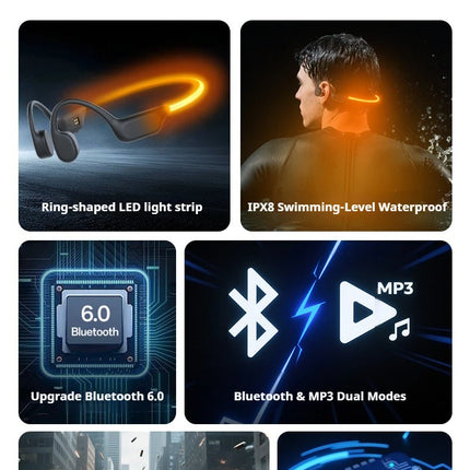 TOP 1 Sports Swimming Bone Conduction Headphones Bluetooth 6.0 IPX8 Waterproof Earphones 32GB MP3 Night Light Fitness Riding Run