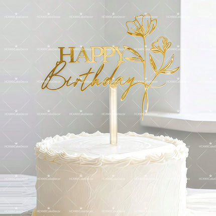 3PCS Gold Acrylic Happy Birthday Cake Topper with Line Art Flower Elegant Floral Cake Decoration for Birthday Party