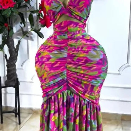 CM.YAYA 2026 Women's Tropical Floral Print Cutout Ruched Ruffle Midi Dress Summer Elegant Birthday Party Club Cocktail Dresses