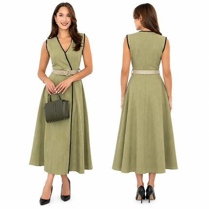 Contrast Piping Belted Wrap Midi Dress for Women, Sleeveless V‑Neck Button Detail A‑Line Linen Blend Dress for Office Business Casual Summer Wear