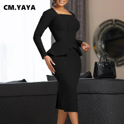 CM.YAYA Women Long Sleeve U-neck Ruffles High Waist Birthday Bodycon Midi Dress 2023 OL Work Evening Sexy Party Dresses Vestido