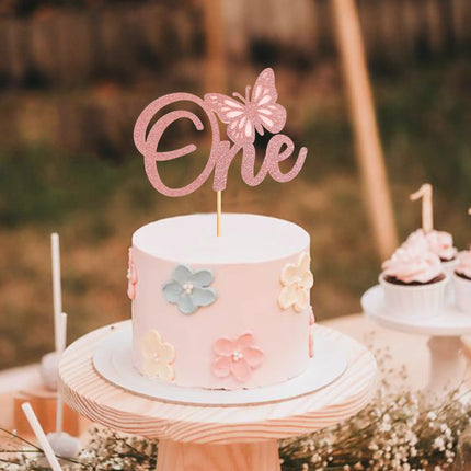 One With Butterfly Cake Topper Bowtie Happy Birthday Anniversary Kids Adult Pink Cupcake Baking Decor Party Flag One Year Old