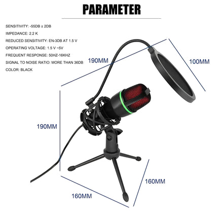 Professional Condenser Microphone Kit with Tripod Stand RGB Lighting Gaming USB Microphone for Streaming YouTube Podcasts Video Studio Recording PC Computer Laptop Mute Button Voice Changer