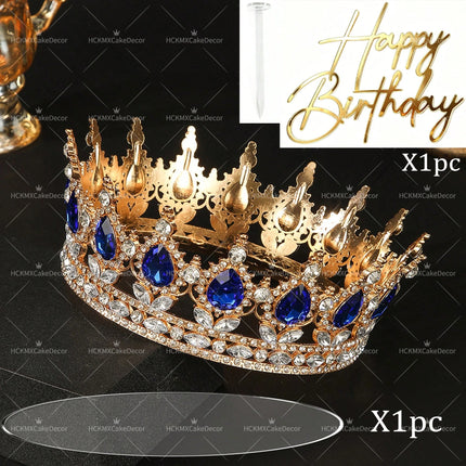 2pcs Pink Crown Birthday Cake Topper Set Gold Happy Birthday Acrylic Cake Decor Rhinestone Queen Tiara Cake Decoration for Women