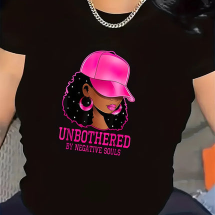 T-Shirt for Women, Unbothered Graphic Design for Casual Wear in Living Room Comfortable Fabric, Stylish Pink Cap Illustration,