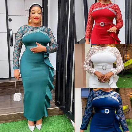 Cross-Border African Women's plus Size Heavy Embellished Party Long Dress Commute Casual Style High Waist Long Sleeve Dress
