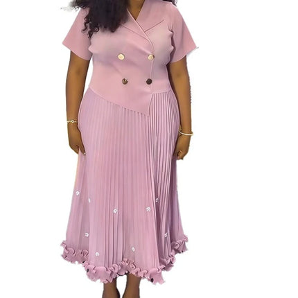 EGRM New Miyaki Pleated Long Dress Short Sleeved Summer Hot Sale Women's Double Breasted Waist Cinching Slimming Versatile Skirt