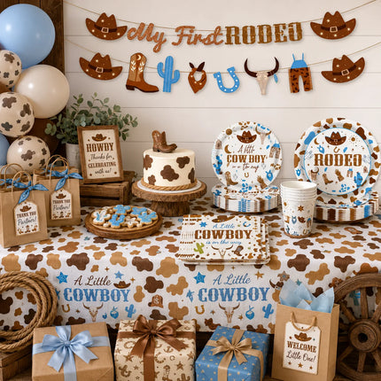 A Little Cowboy Baby Shower Decor Set, My First Rodeo Western Themed Disposable Tableware Kit for Boys 1st Birthday Party