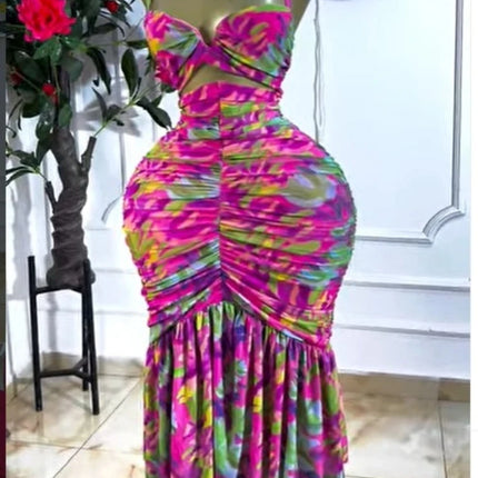 CM.YAYA 2026 Women's Tropical Floral Print Cutout Ruched Ruffle Midi Dress Summer Elegant Birthday Party Club Cocktail Dresses