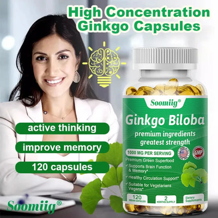 Ginkgo Biloba Capsules, Memory Support Supplement, Supports Brain Function and Mental Alertness, 120 Capsules