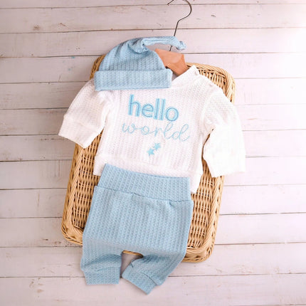 Newborn Baby 3Pcs Outfit Set ‘Hello World" Embroidery Waffle Knit Long Sleeve Top Pants Hat Infant Coming Home Clothes 0-3M