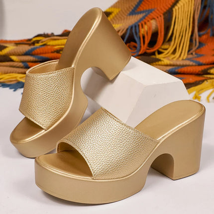 Fashion Gold High Heels Slippers Women 2026 Summer Pu Leather Chunky Platform Sandals Woman Plus Size 43 Outdoor Slippers Ladies