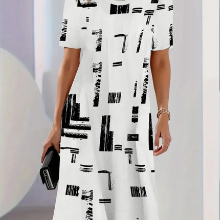 Geometric Stripe Printing Dress For Women Summer Sundress Loose Casual Short Sleeve O-Neck A-Line Dress Women Beach Mini Dresses