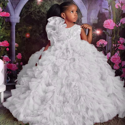 Customized Rose Pink Flower Girl Dresses Tulle Puffy White Embroidery Sleeveless For Wedding Birthday Prom Holy Communion Gowns