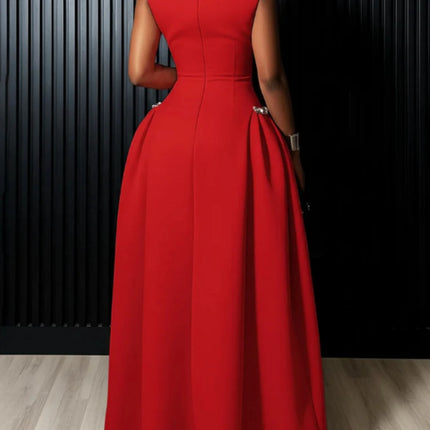 Women High Neck Sleeveless Fitted Floor Length Maxi Dress With Side Flared Detail For Formal Gala Wedding And Evening Party Occasion