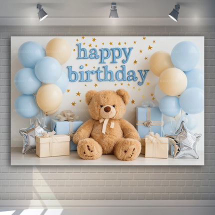 Cute Bear Balloon Blue Theme Banner Decoration Background, Children's Birthday Party, Home Decoration Photography Backdrop Cloth