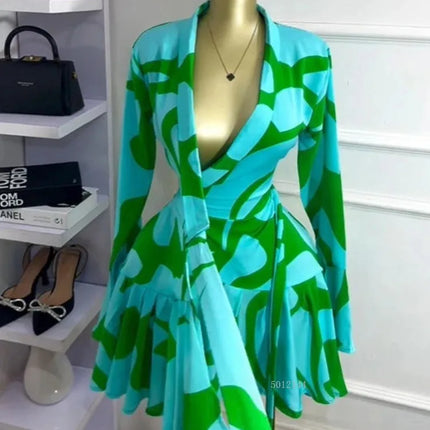 Elegant Women Tie Dye Print Flare Long Sleeve Wrap V-neck with Sashes Ruffle Dress 2026 Elegant Vacation Party Birthday Dresses